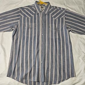 Ely Cattleman Blue Striped Long Sleeve Pearl Snap Button Up Shirt Size 16.5 x 34